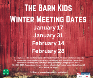 The Barn Kids Winter Meeting Dates, January 17, January 31, February 14, February 28.