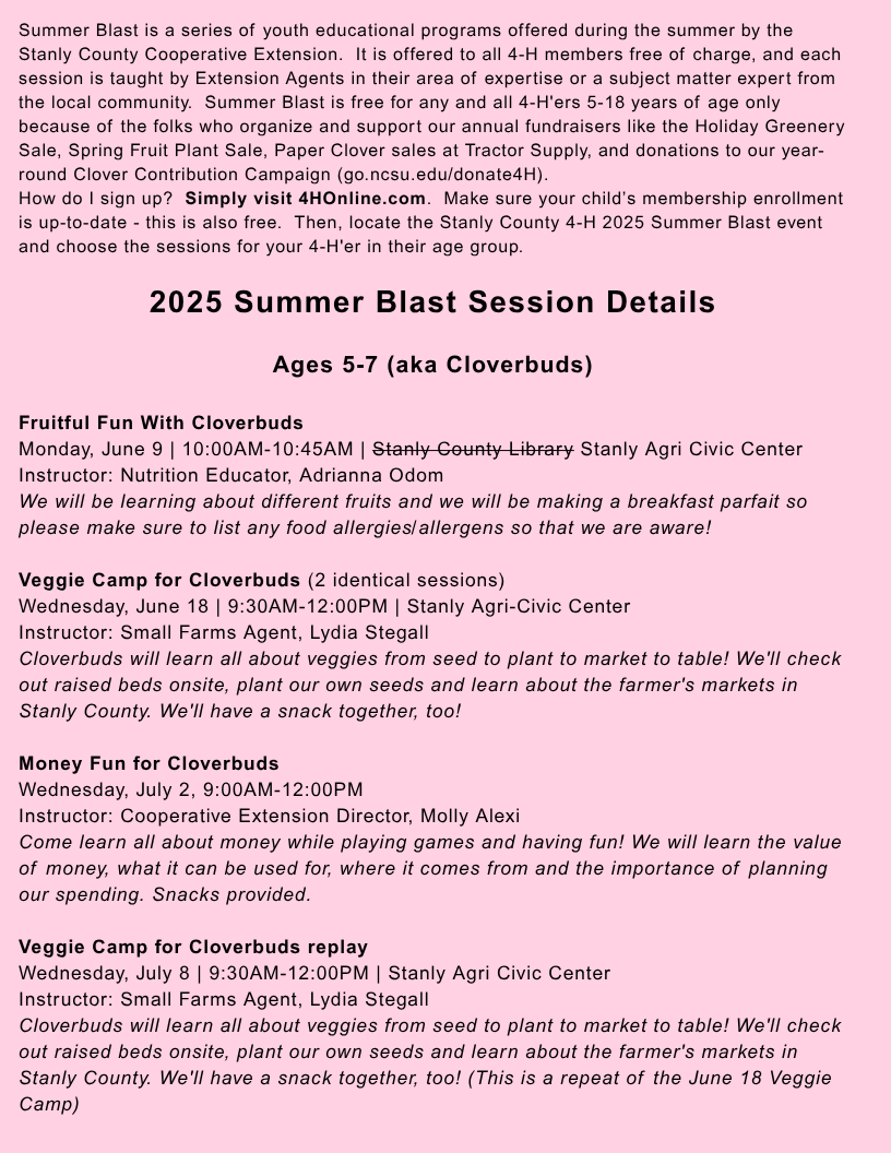 Image of page 2 of 2025 Summer Blast Class Listing. Click to access PDF.