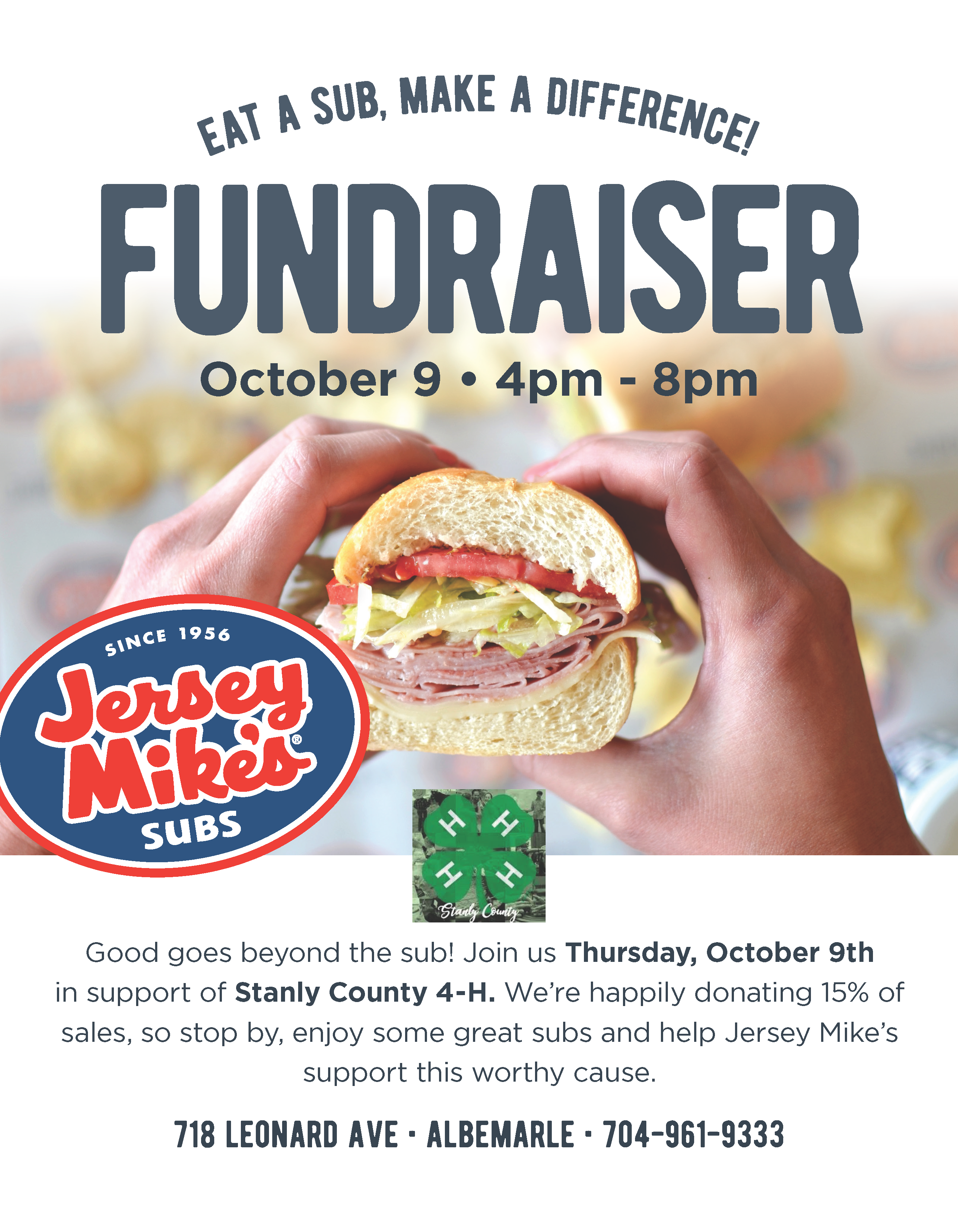 Image of a flyer with fundraiser details and hands holding a sub sandwich