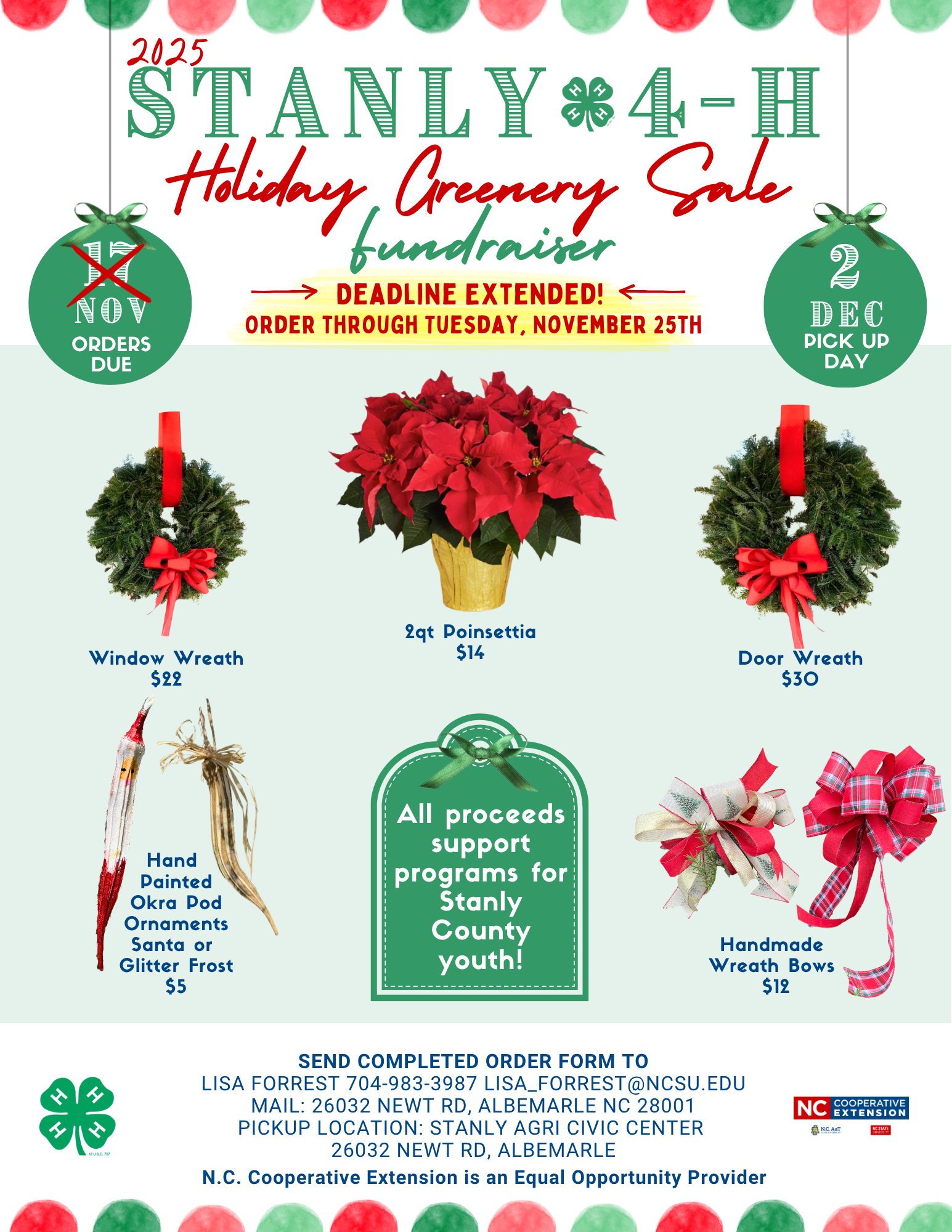Colorful flyer with greenery sale details and photos of wreaths, poinsettias, bows and okra ornaments